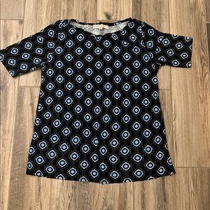 LOFT Black and Blue Geometric Short Sleeve Top
